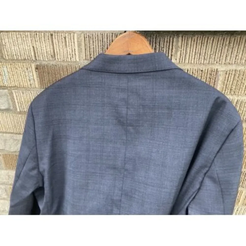 Mens Cole Haan 42L Blue/Gray Plaid Suit Jacket Wool Spandex Blazer 2 Button READ